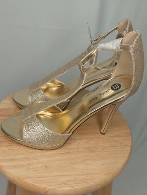 Michael Antonio Gold Glitter T-Strap High Heel Sandals